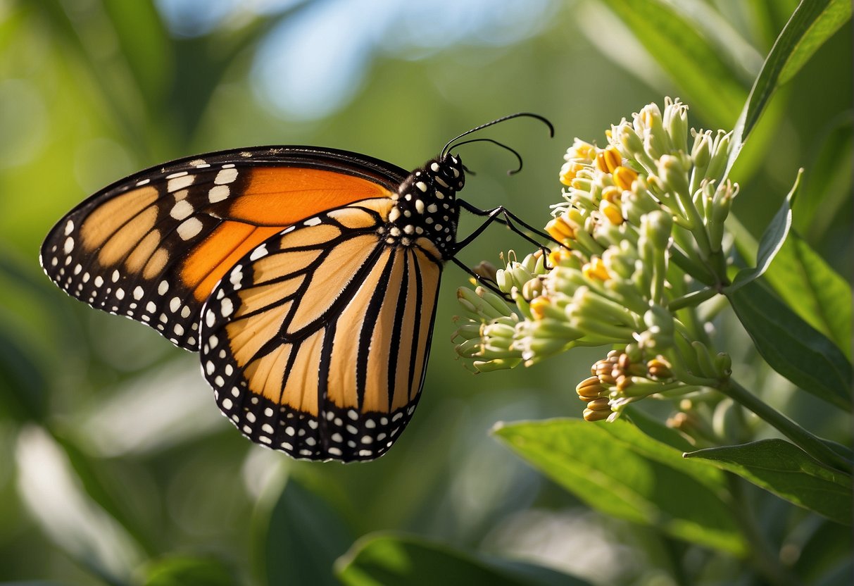 A monarch butterfly lays eggs on milkweed. The caterpillars eat the leaves, forming a vital relationship between the butterfly and the host plant