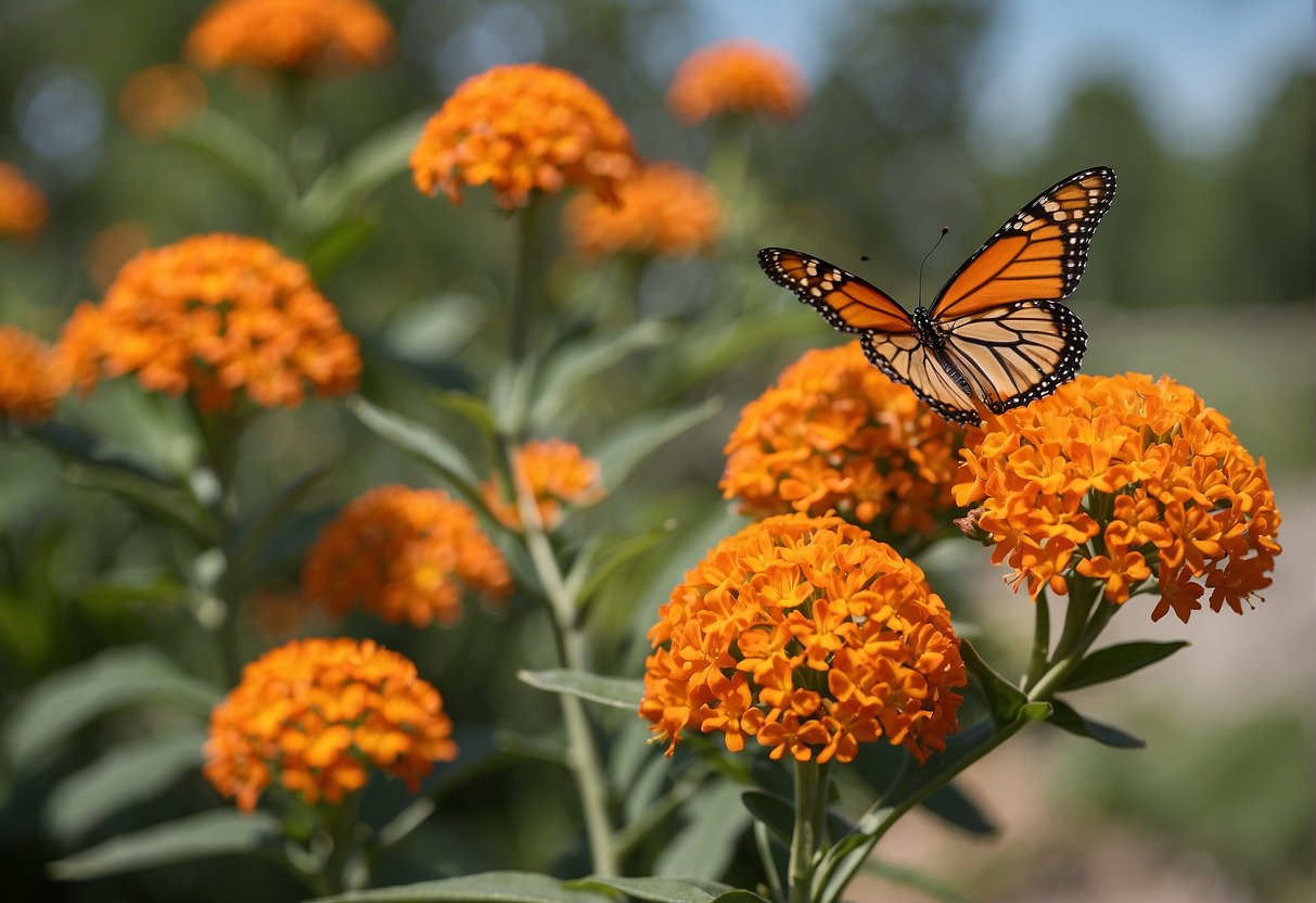 A butterfly milkweed plant stands tall in a sunny garden, its vibrant orange flowers attracting fluttering monarch butterflies. A sign nearby points to a local nursery where visitors can buy their own butterfly milkweed
