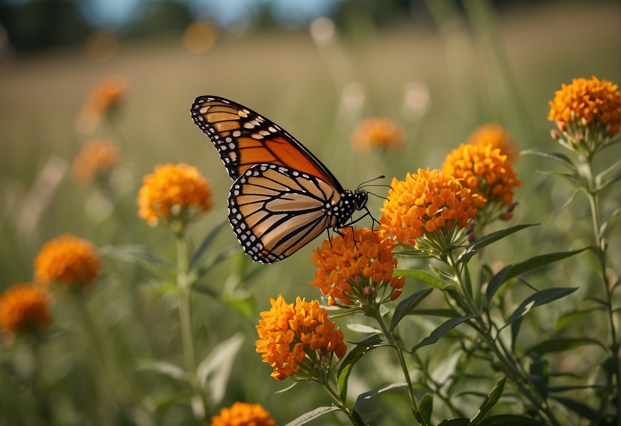 Butterfly milkweed blooms in a sunny prairie, surrounded by tall grasses and wildflowers. A monarch butterfly hovers above, sipping nectar from the vibrant orange flowers