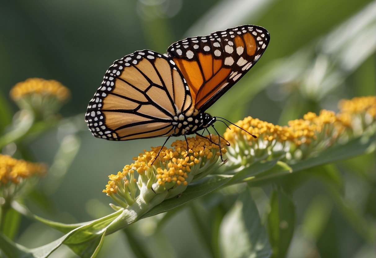 Monarch butterfly lays eggs on milkweed. Caterpillars eat milkweed leaves. Chrysalis forms on milkweed. Adult butterflies feed on milkweed nectar