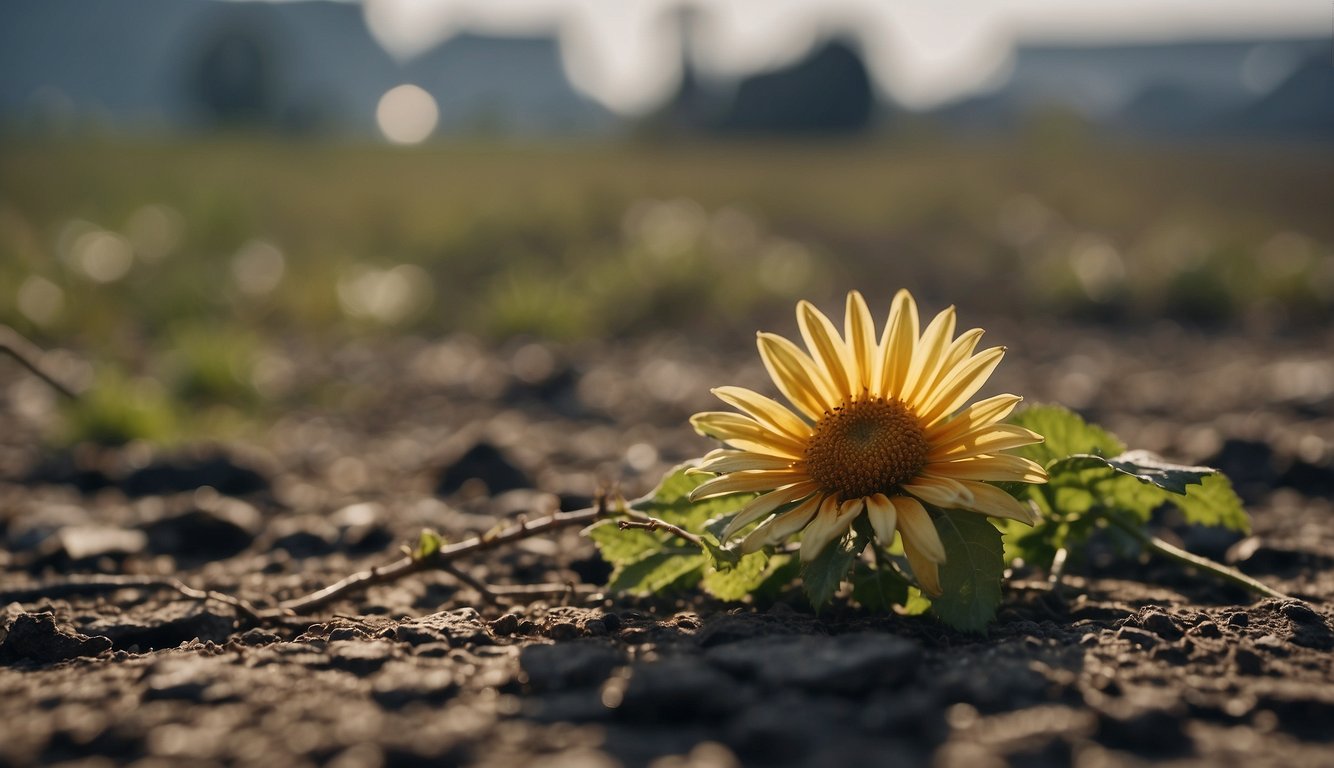 A withered flower wilting under harsh sun, surrounded by pollution and stress
