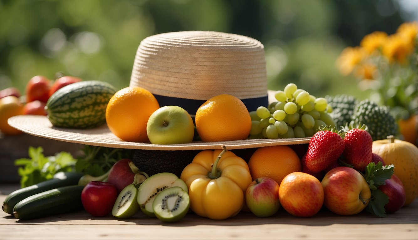 A garden filled with vibrant, antioxidant-rich fruits and vegetables, surrounded by a barrier of sunscreen and wide-brimmed hats to shield from harmful UV rays