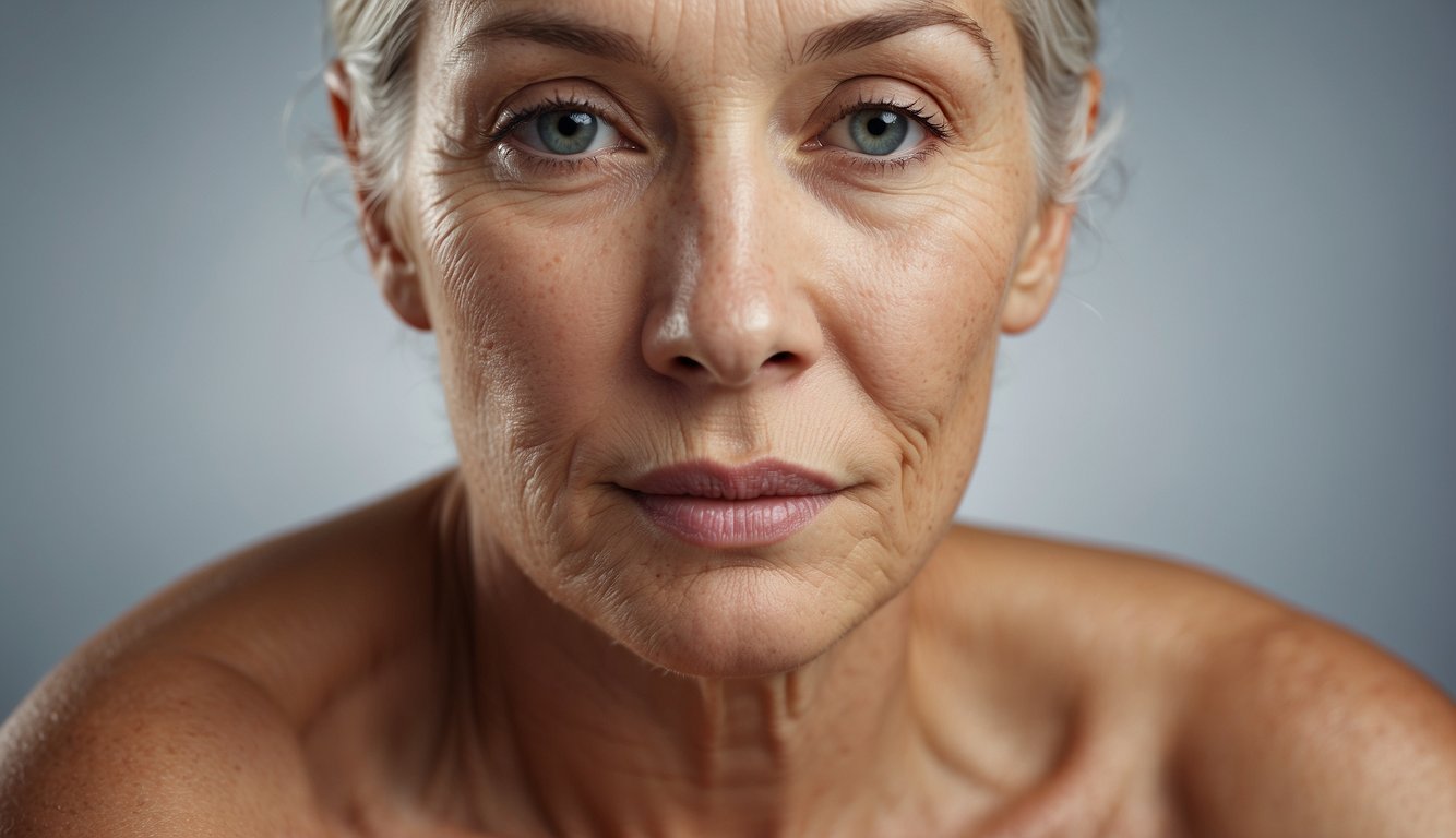 Skin sagging, wrinkles, and discoloration. Use contrasting colors to show aging effects. Show various skincare products for management