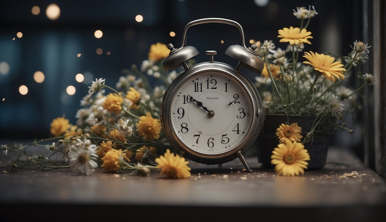 A clock with hands spinning rapidly, surrounded by wilted flowers and fading photographs