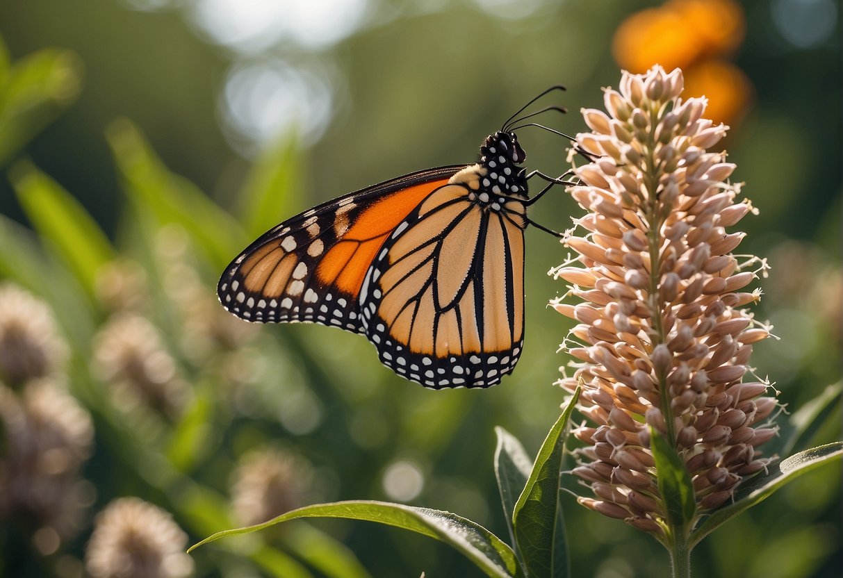 A monarch butterfly perched on a milkweed plant, both displaying vibrant orange and black patterns, showcasing their symbiotic relationship