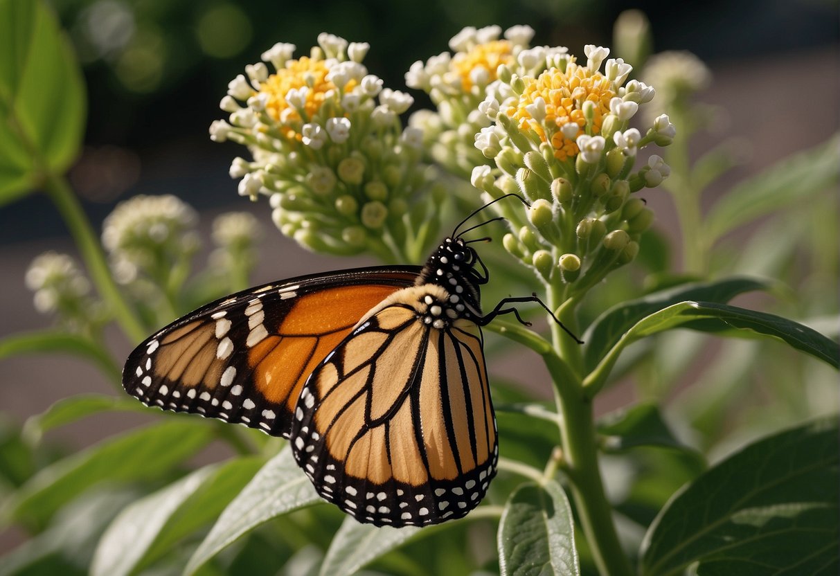 A monarch butterfly lays eggs on a milkweed plant. The eggs hatch into caterpillars, which eat the milkweed leaves. The caterpillars then form chrysalises and emerge as adult butterflies
