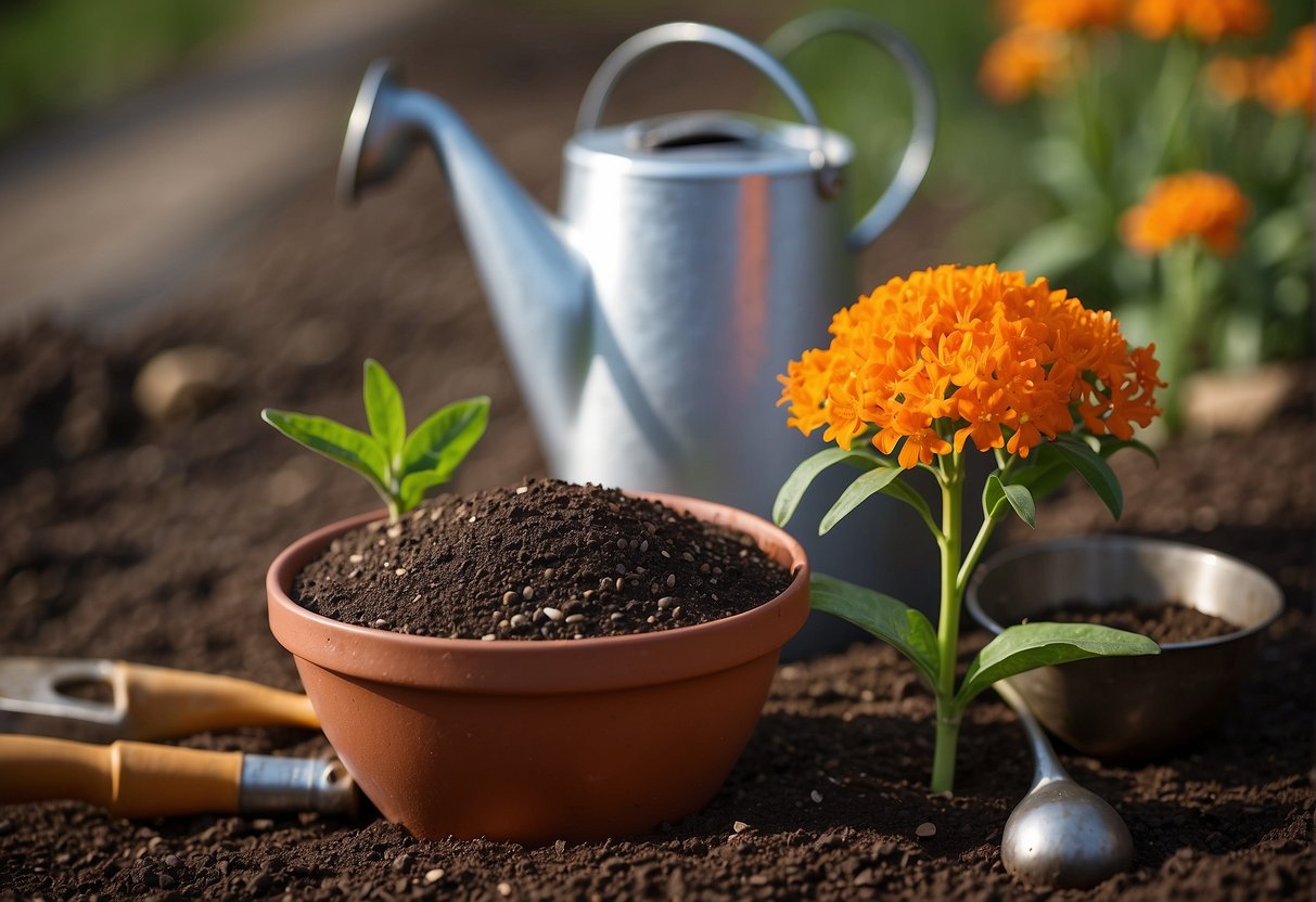 Butterfly milkweed seeds sit in soil-filled pots, covered with a thin layer of dirt, next to a watering can and a small trowel