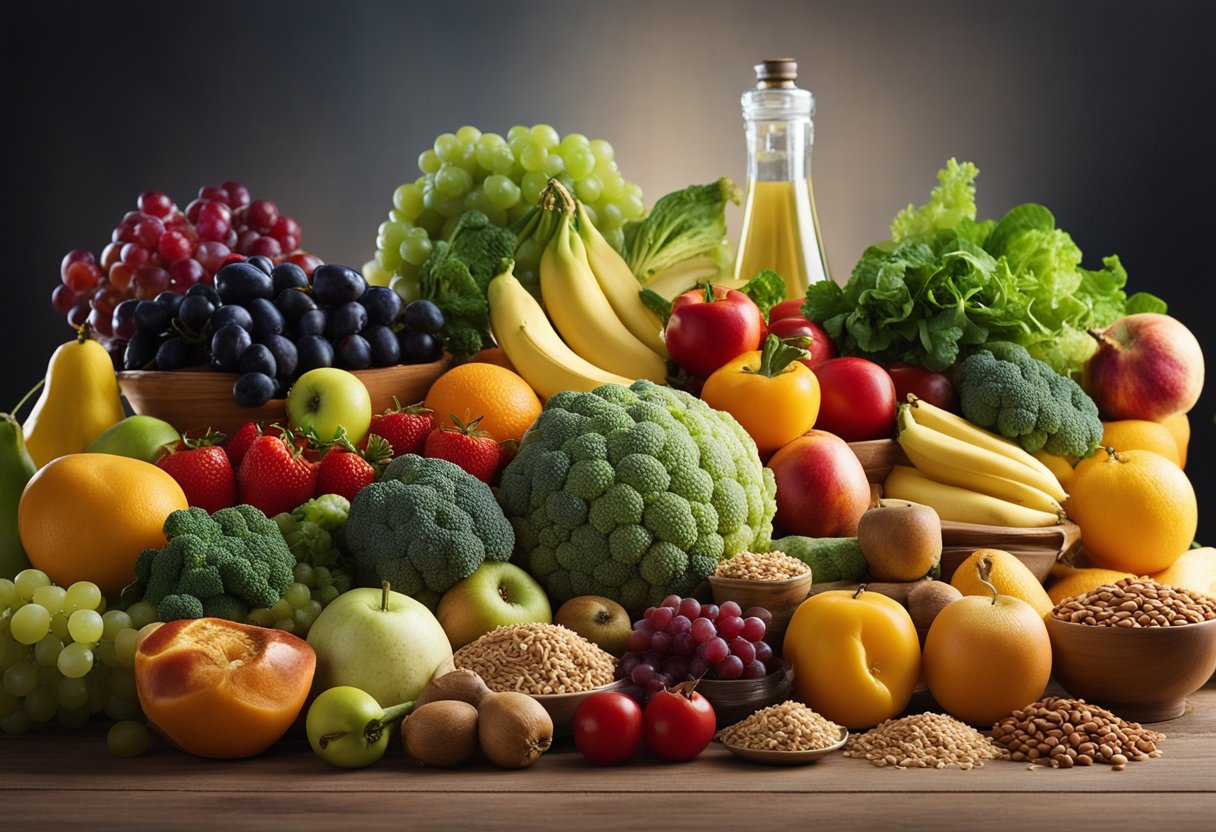 A colorful array of fruits, vegetables, whole grains, and lean proteins arranged on a table, with a glowing halo of light shining down on them