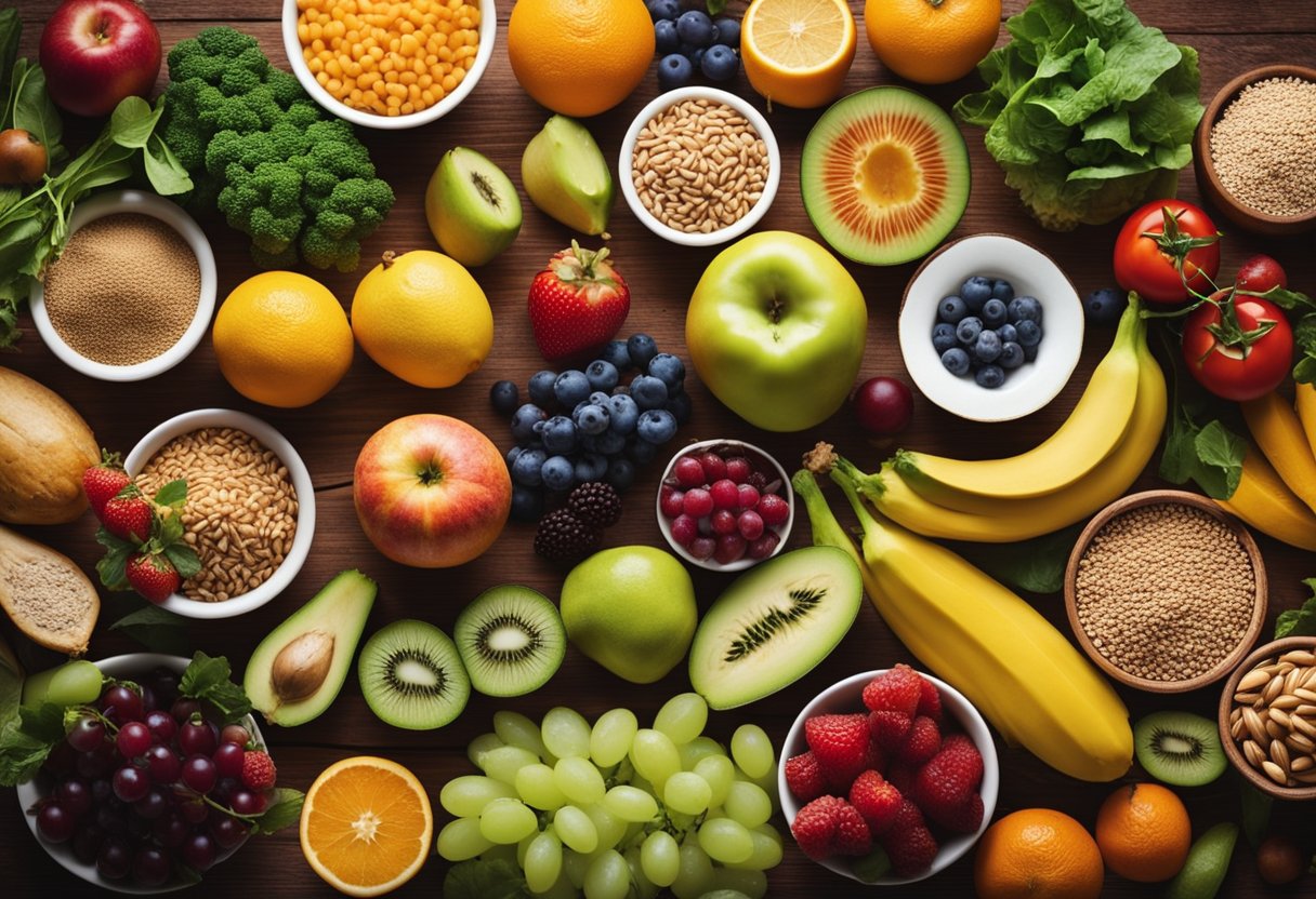 A colorful array of fruits, vegetables, whole grains, lean proteins, and healthy fats on a table, representing a balanced diet and nutritional wisdom