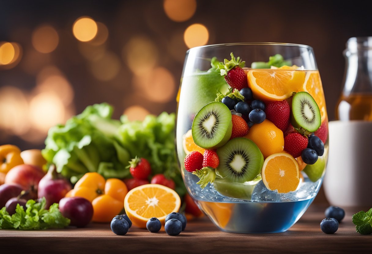 A glass of water surrounded by colorful fruits and vegetables, with a vibrant glow emanating from them, symbolizing the impact of hydration on healthy eating