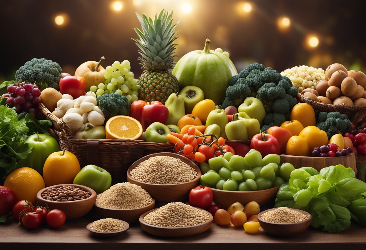 A colorful array of whole foods, such as fruits, vegetables, and grains, arranged on a table, with a glowing light shining down on them