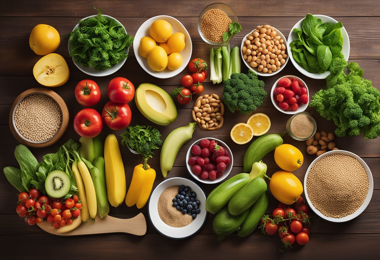A colorful array of fresh fruits and vegetables, whole grains, and plant-based proteins arranged on a wooden table, surrounded by reusable containers and eco-friendly kitchen utensils