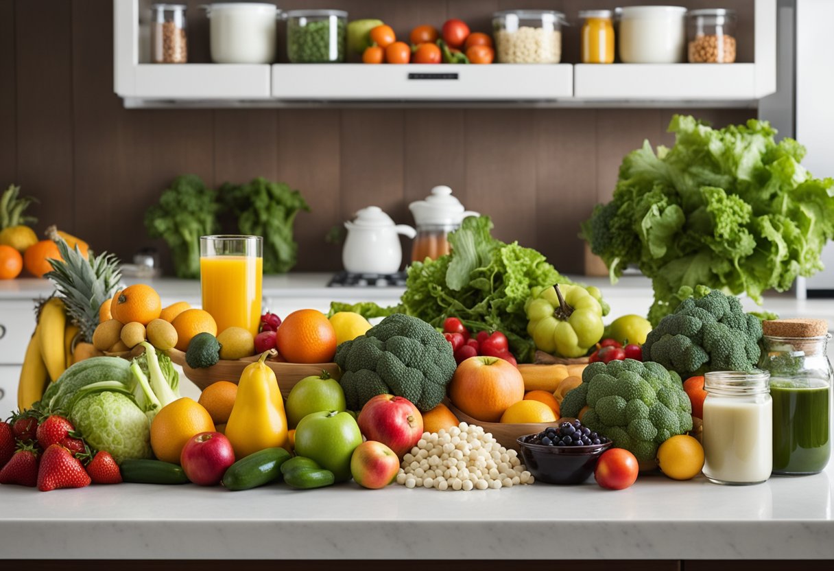 A colorful array of fruits, vegetables, and vitamins displayed on a clean, organized kitchen counter. A book titled "Supplements in Nutrition Eating Smart" is open to a page on nutritional wisdom
