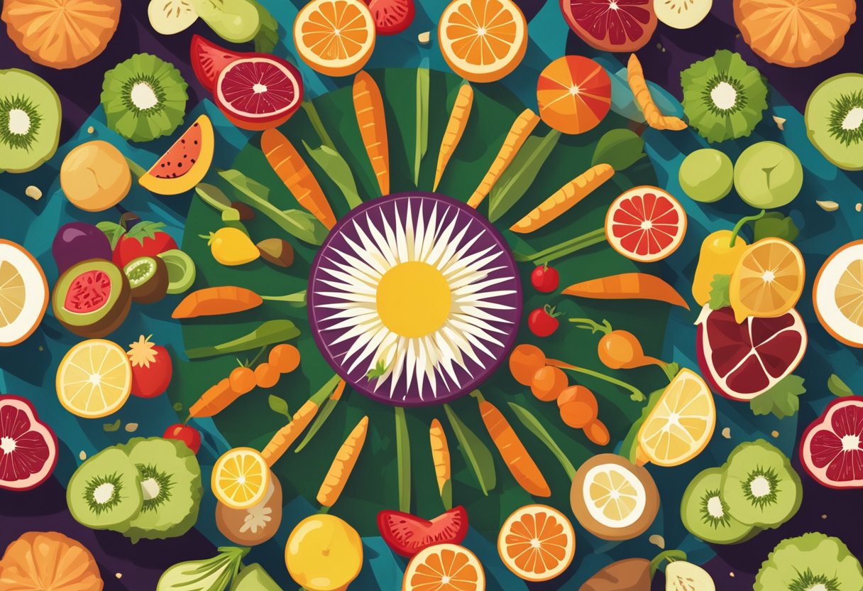 A colorful array of fruits, vegetables, whole grains, and lean proteins arranged in a circular pattern, with a vibrant sunburst in the center
