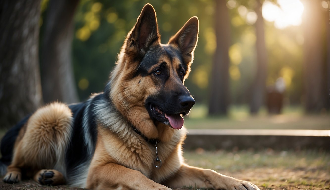 A German Shepherd sits attentively as commands are spoken in German. Surrounding the scene are historical dog training tools and literature