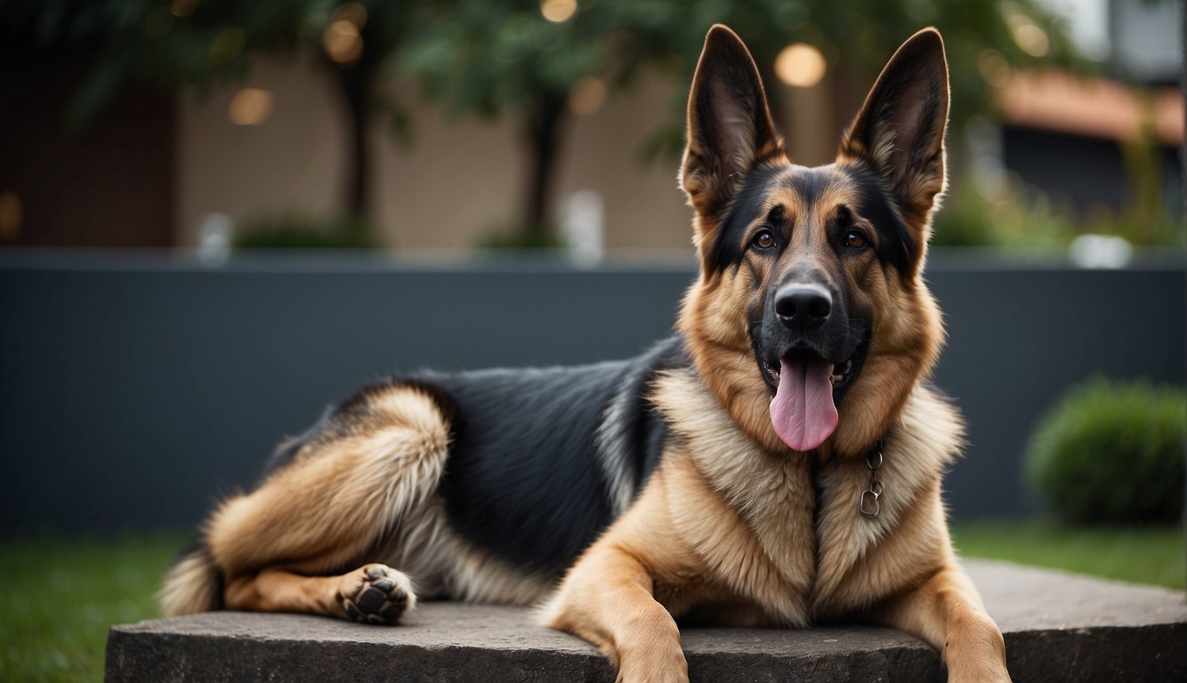 A German shepherd sits obediently, ears perked. Nearby, a frustrated owner struggles to communicate in English