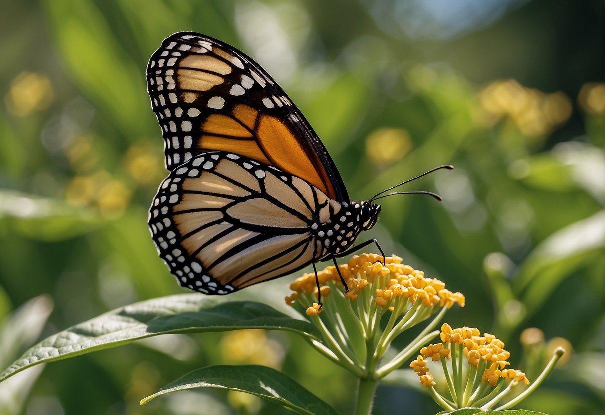 The monarch butterfly lays eggs on the milkweed plant. The caterpillars then feed on the leaves, forming a symbiotic relationship