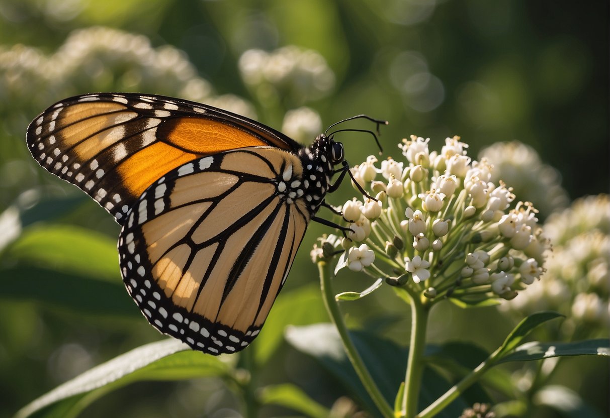 The monarch butterfly lays its eggs on the milkweed plant, which provides protection and food for the developing larvae