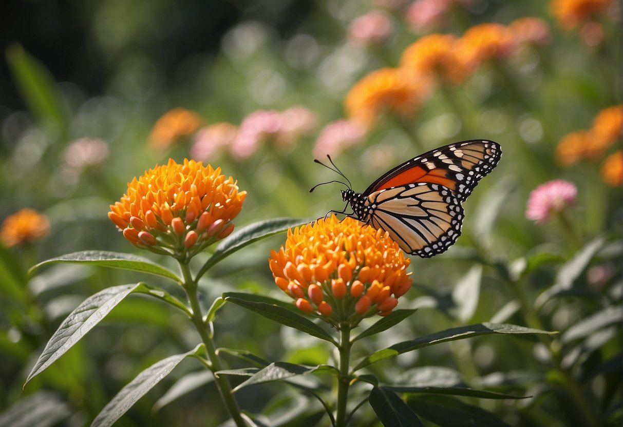 Butterfly weed has orange flowers, while milkweed has pink or white flowers. Both plants require full sun and well-drained soil. They attract butterflies and need to be protected from pests