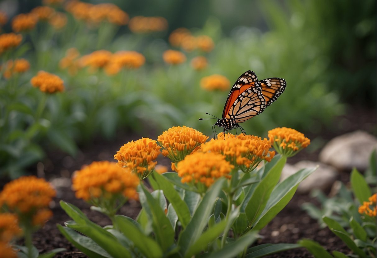 Butterfly milkweed plants spaced evenly in a garden bed, with a measuring tool showing the recommended distance between each plant