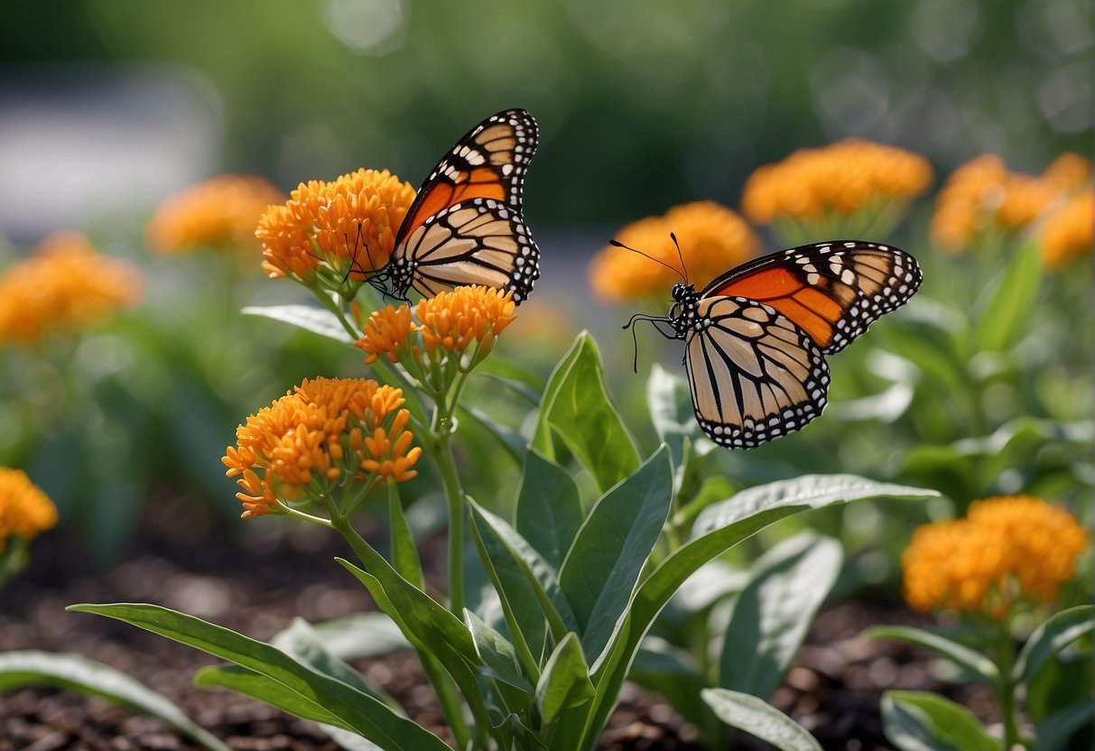 Butterfly milkweed plants are being placed in a garden bed, spaced about 18 inches apart