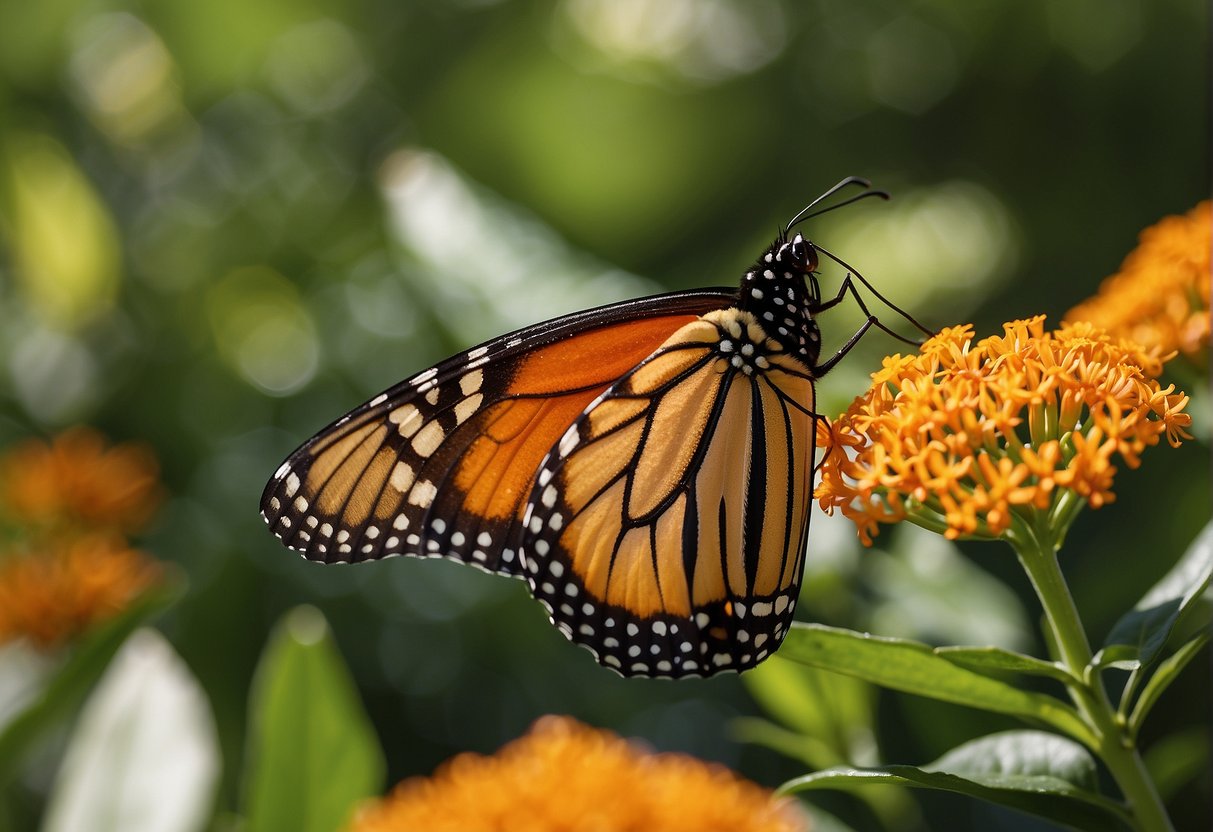 A monarch butterfly feeds on milkweed, unaffected by its toxic cardenolides. The butterfly's bright orange and black wings contrast against the green leaves