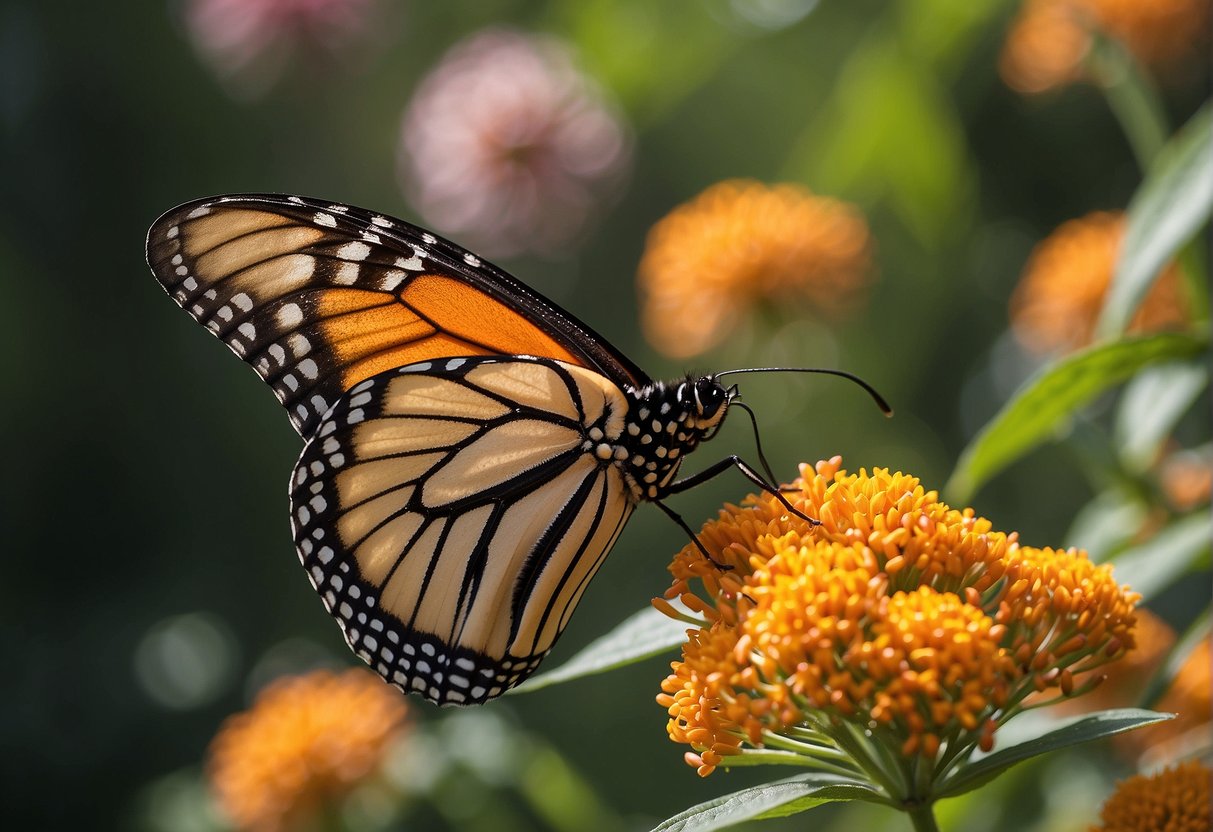The monarch butterfly calmly sips nectar from the vibrant milkweed flowers, its body immune to the toxic cardenolide, showcasing its remarkable adaptation