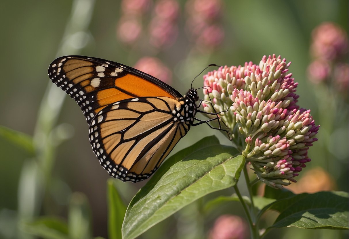 Monarch butterfly lays eggs on milkweed. Caterpillars eat milkweed leaves. Chrysalis forms on milkweed. Adult butterflies feed on milkweed nectar