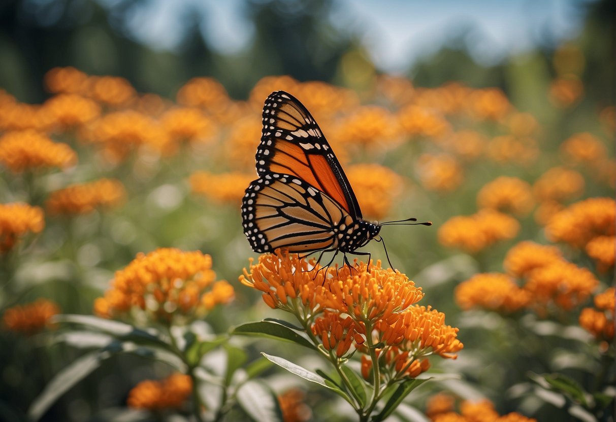 Butterfly milkweed blooms in summer, with bright orange flowers attracting pollinators. It thrives in well-drained soil and full sunlight