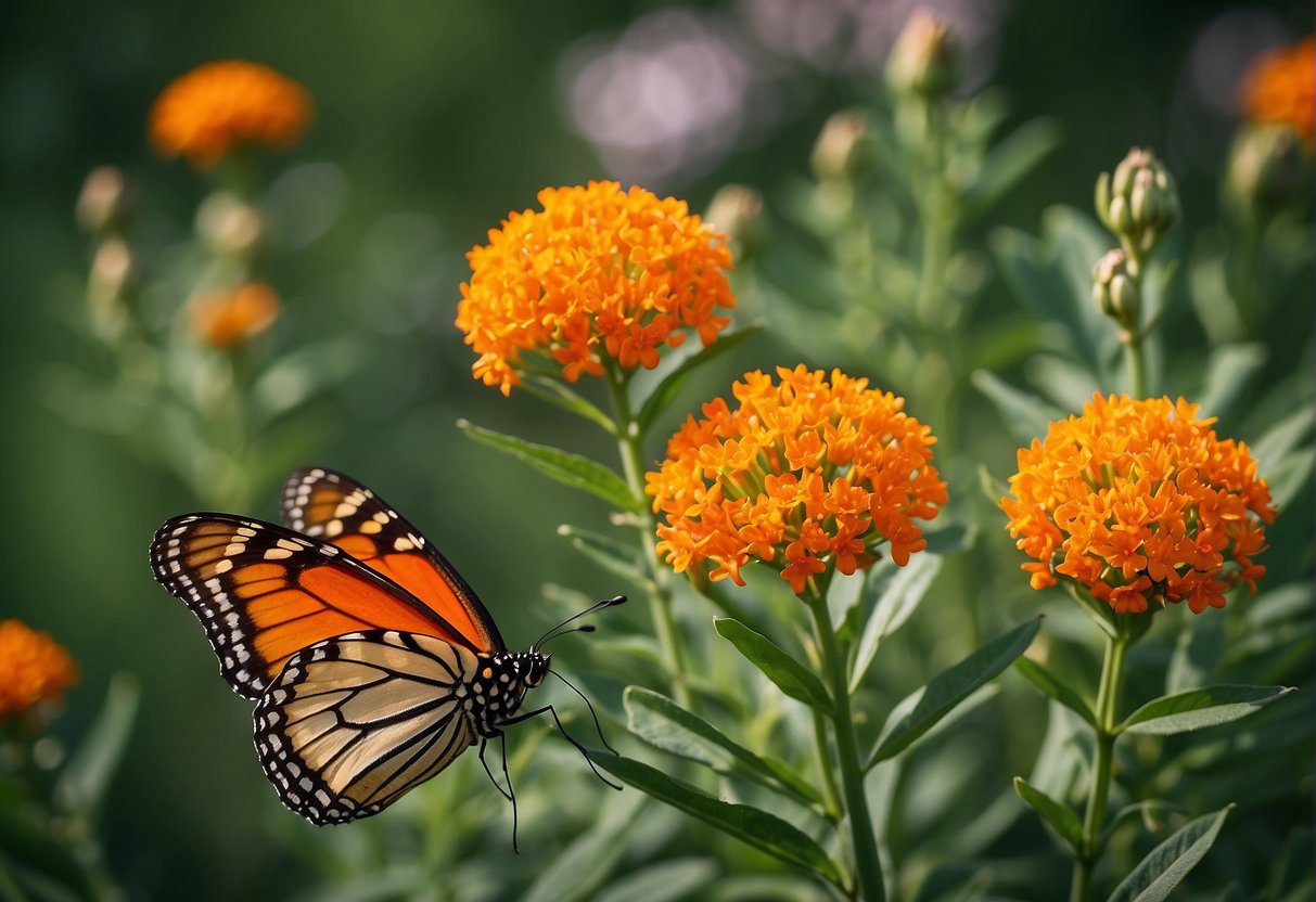 Butterfly milkweed blooms in midsummer, with clusters of vibrant orange flowers standing out against the green foliage. Bees and butterflies are drawn to the nectar-rich blooms, creating a lively and colorful scene
