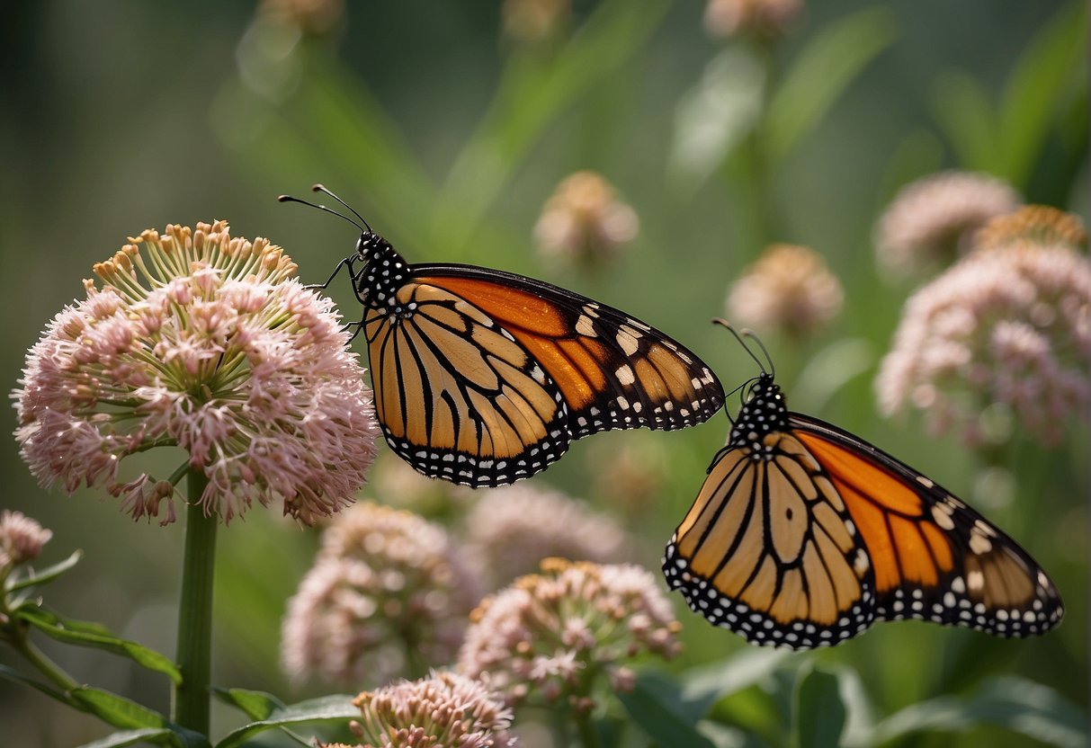 Monarch butterflies flutter around milkweed, sipping nectar. Milkweed provides food and shelter for the butterflies, while they help pollinate the plant