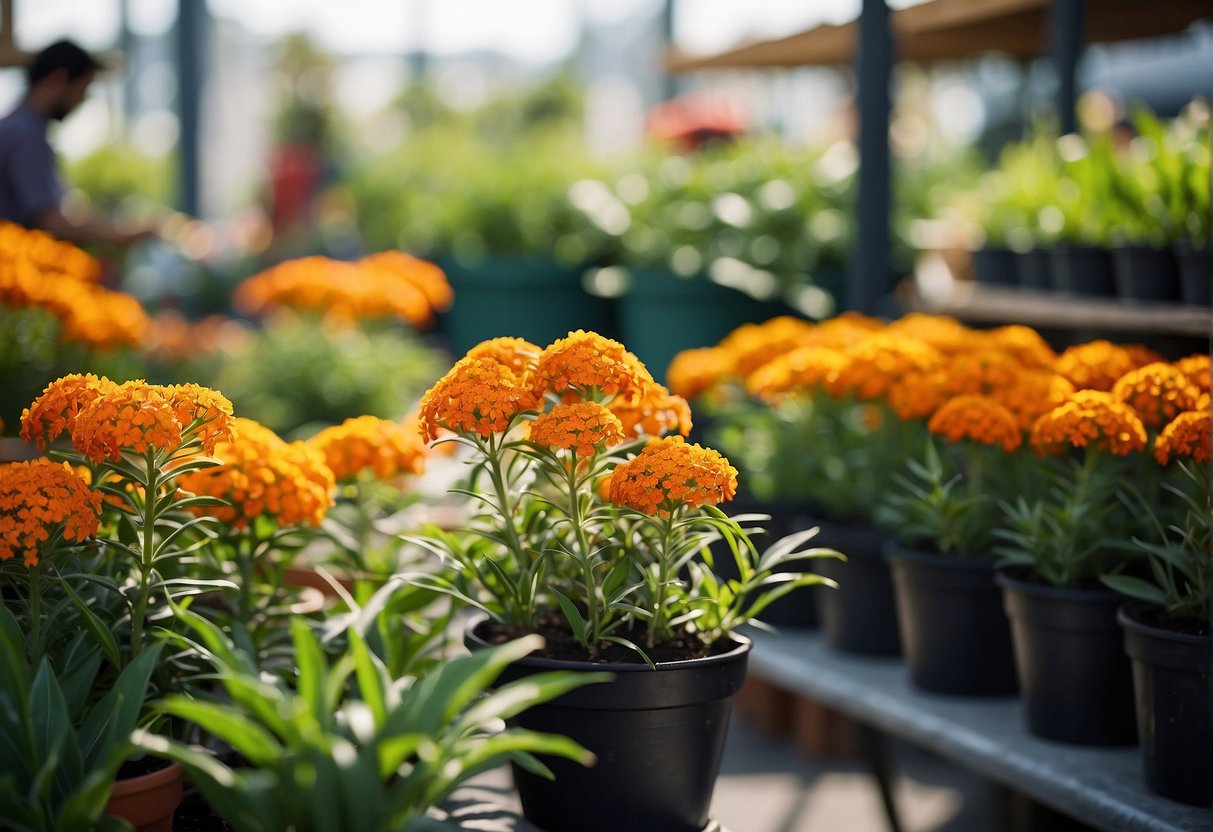 A garden center sells butterfly milkweed plants in colorful pots. Customers browse the selection, admiring the vibrant orange flowers and green leaves