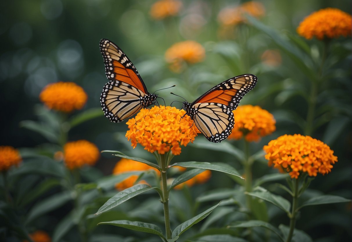A vibrant garden with blooming butterfly milkweed plants, attracting colorful butterflies. A sign indicates where to buy the plants