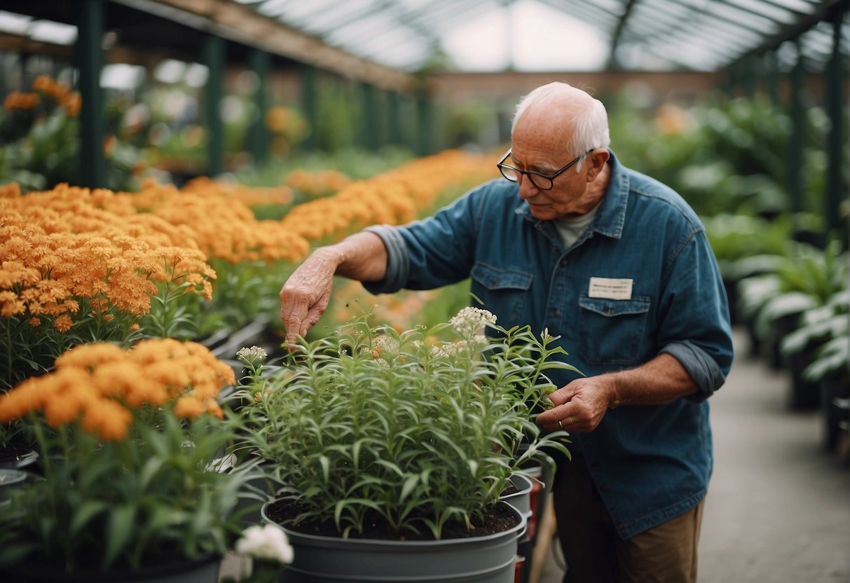 A person browsing regional planting guides, pointing to butterfly milkweed plants in a garden center