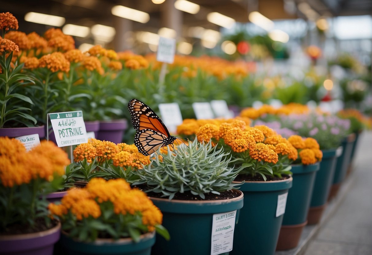 A garden center displays butterfly milkweed plants in colorful pots. Customers browse the selection, while a sign indicates the price and care instructions