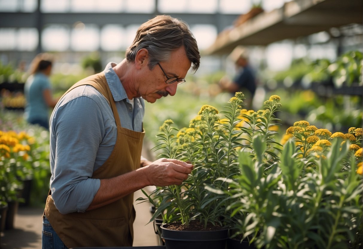 A person carefully examines different varieties of milkweed plants at a garden center, searching for butterfly milkweed to purchase