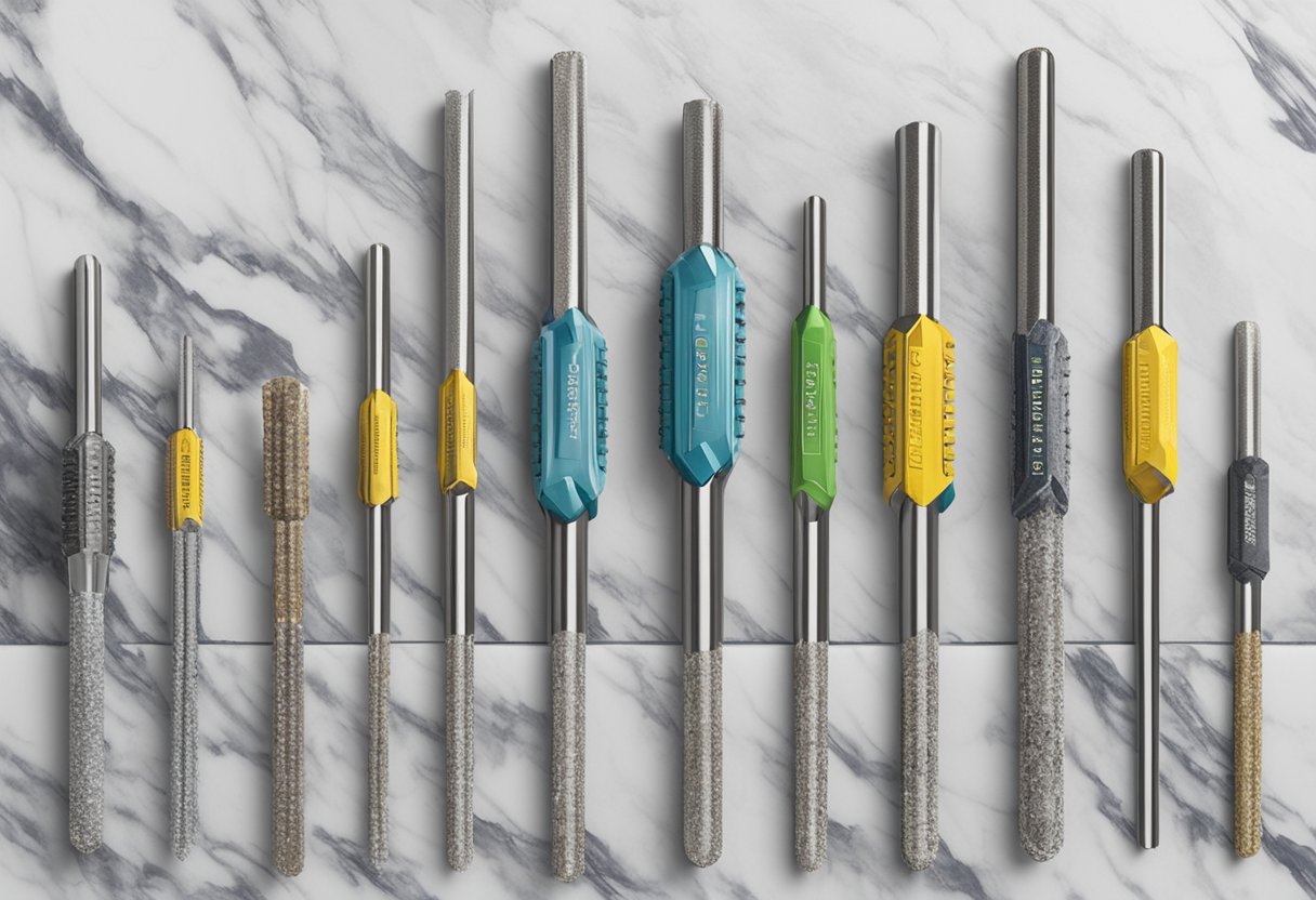 Diversas brocas de diamante exhibidas junto a losas de mármol. Un letrero dice 'El Poder de las Brocas Diamantadas: Por qué son la Inversión más Inteligente para tu Taller de Mármol'
