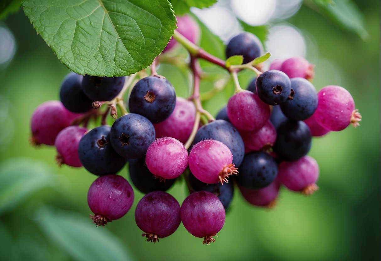 A cluster of vibrant purple beautyberries hangs from a branch, surrounded by lush green leaves and delicate pink flowers