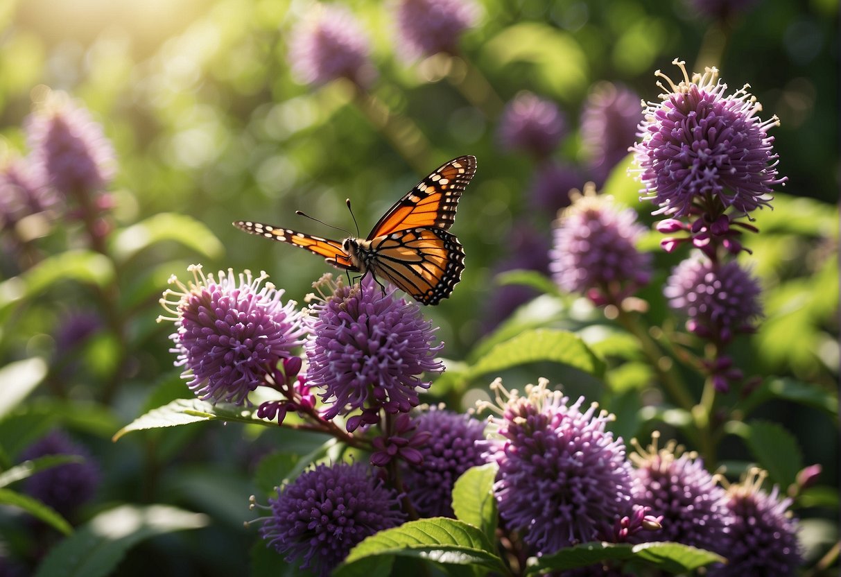 A lush green garden with a cluster of vibrant purple beautyberry bushes in full bloom, surrounded by buzzing bees and fluttering butterflies