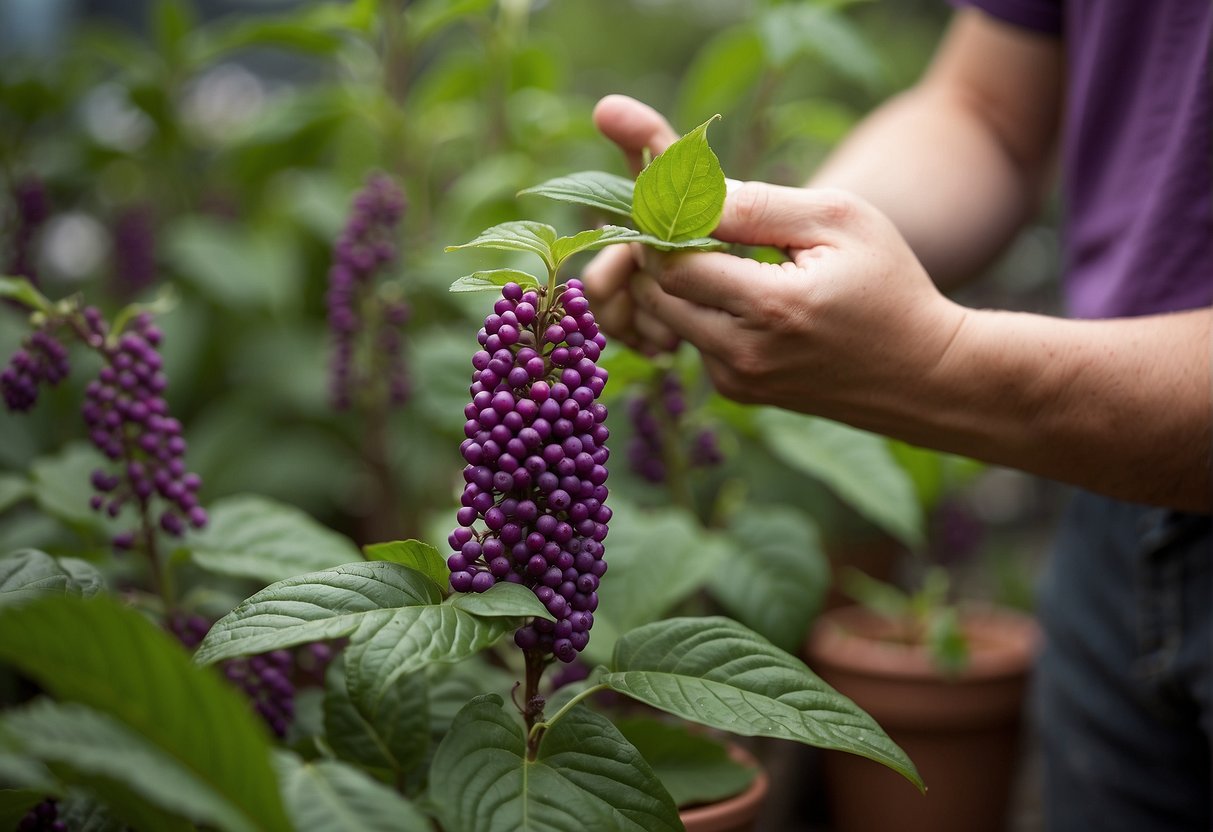 Lush green leaves surround a cluster of vibrant purple beautyberry branches. A gardener carefully trims a healthy stem and dips it into a rooting hormone before planting it in a pot of rich soil