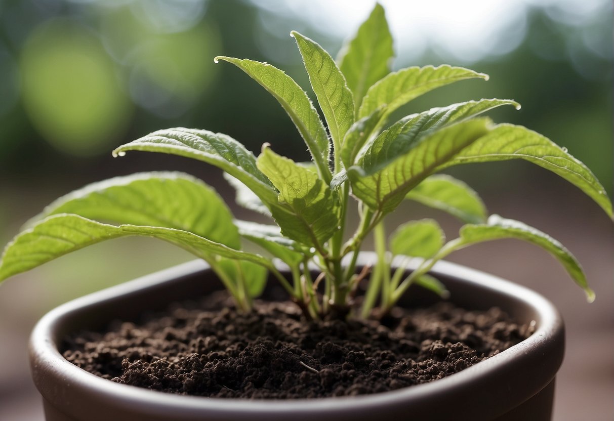 A beautyberry stem is placed in a pot of moist soil, with nodes buried. New roots and leaves emerge as the plant grows