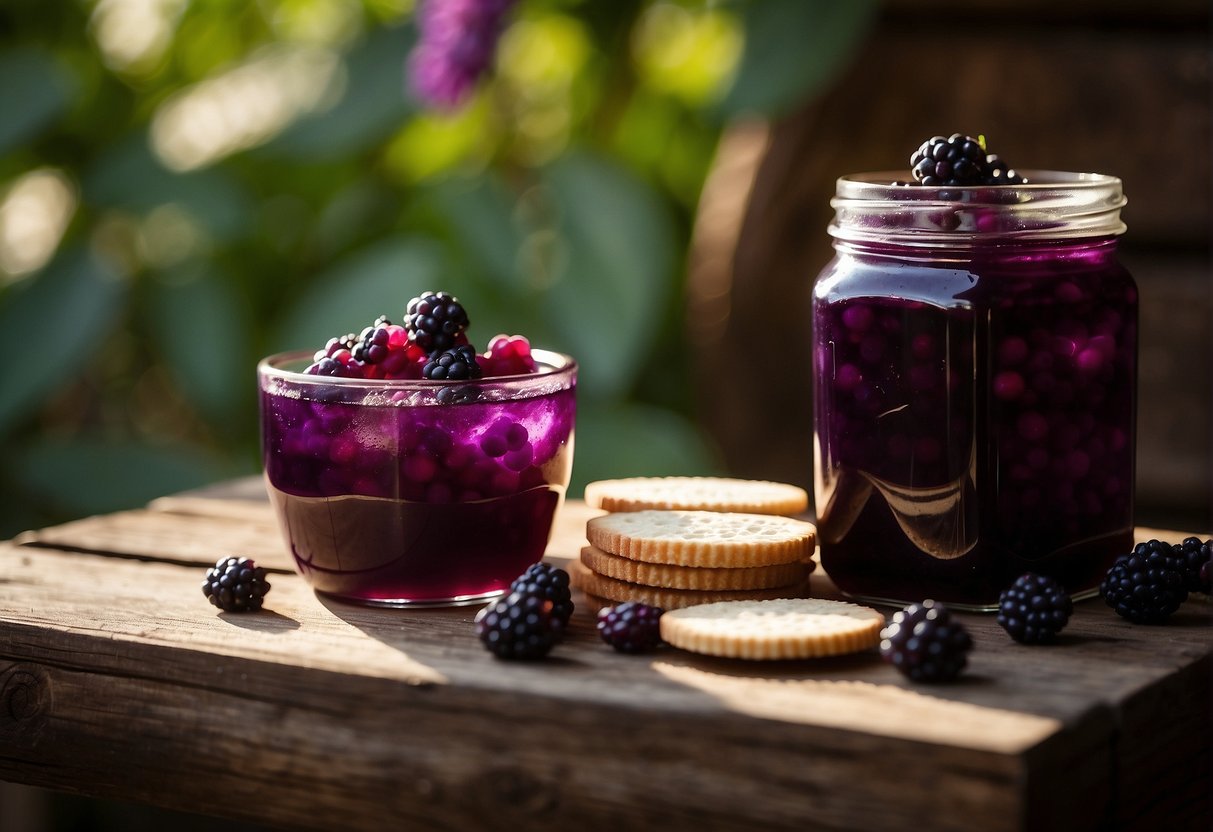 A jar of deep purple beautyberry jelly sits on a rustic wooden table, surrounded by fresh beautyberries and a spread of crackers. The jelly glistens in the soft light, inviting a taste of its sweet and slightly tart flavor