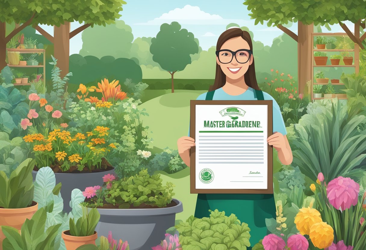 A person holding a master gardener certificate, surrounded by various tools, plants, and a lush garden landscape