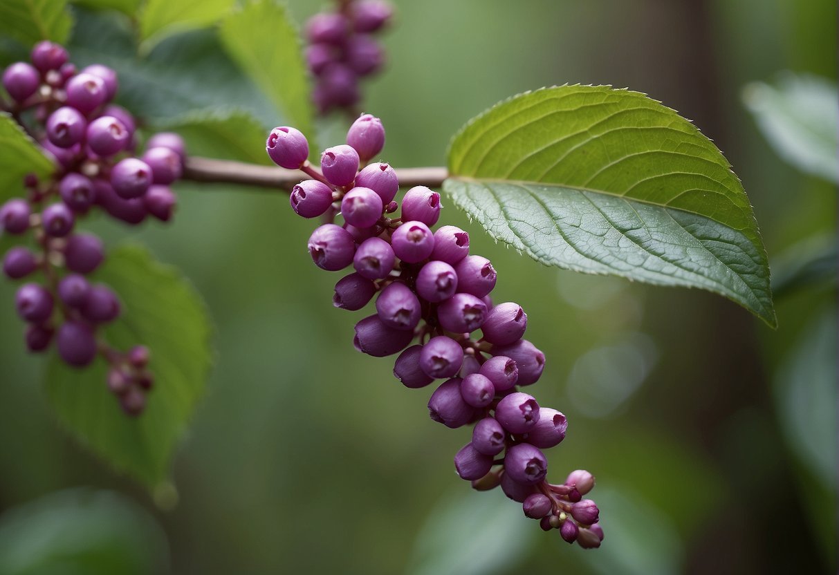 Lush green beautyberry leaves unfurl in early spring, surrounded by delicate pink-purple clusters of flowers, against a backdrop of woody stems and branches