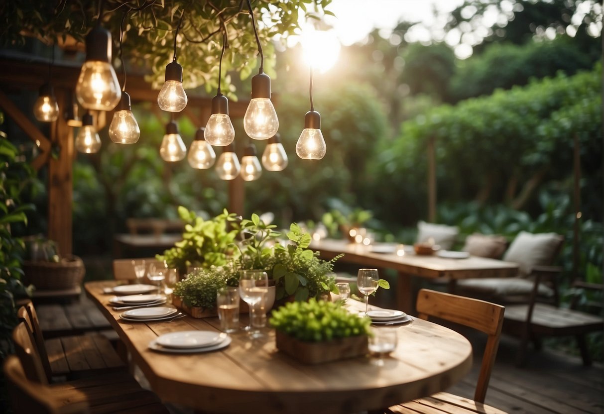 A lush outdoor setting with recycled decor, solar-powered lights, and sustainable materials. Guests enjoy organic food and drinks, surrounded by nature