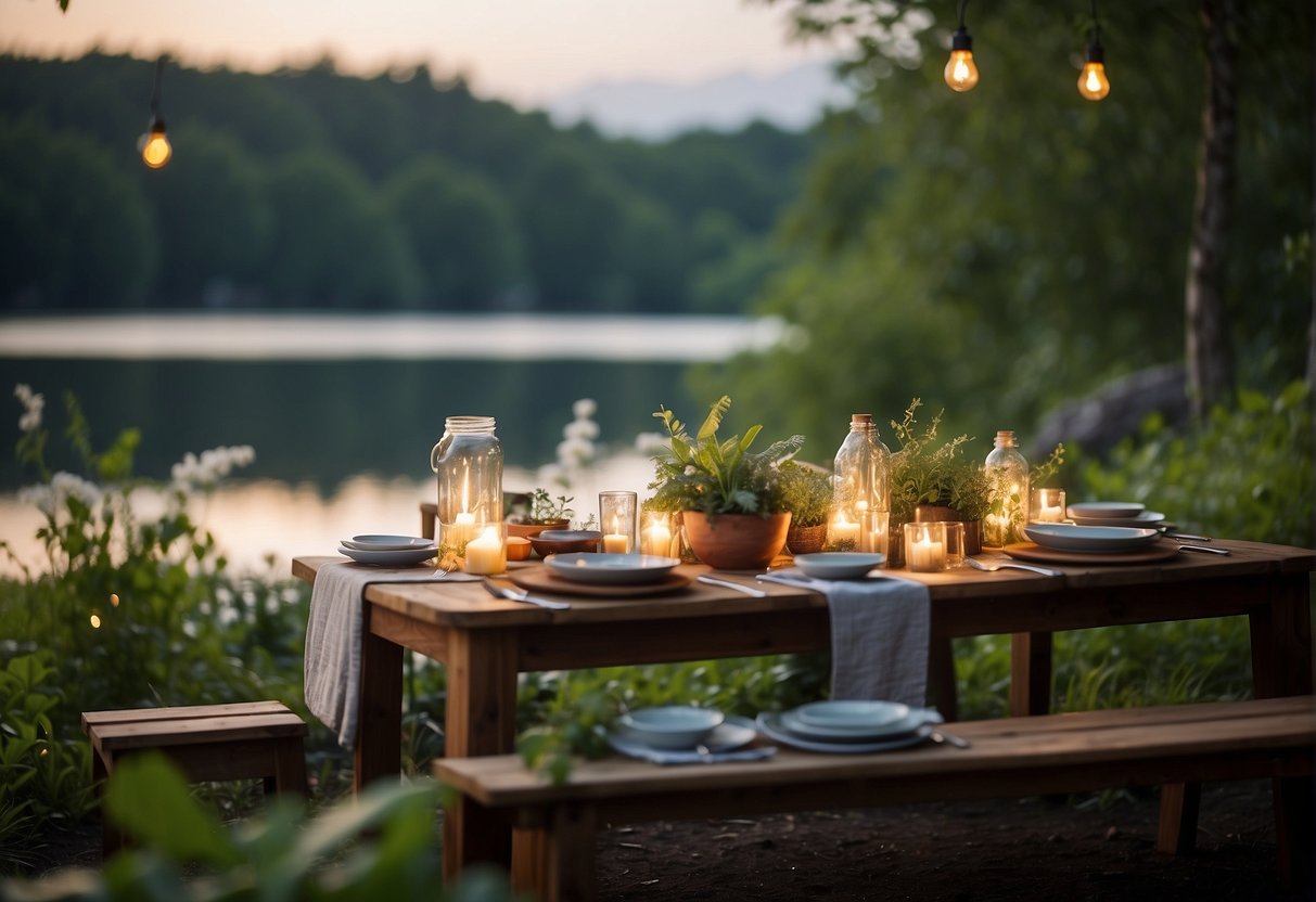 A lush outdoor setting with solar-powered lights, recyclable decor, and compostable dinnerware. A serene lake reflects the eco-friendly ambiance