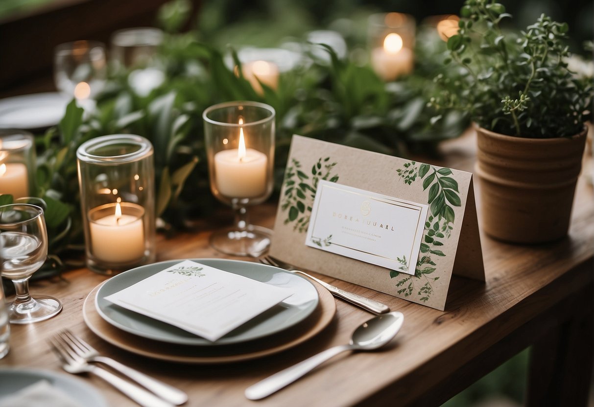 A table adorned with eco-friendly wedding invitations and stationery, surrounded by natural elements like plants and recycled paper, symbolizing a sustainable celebration