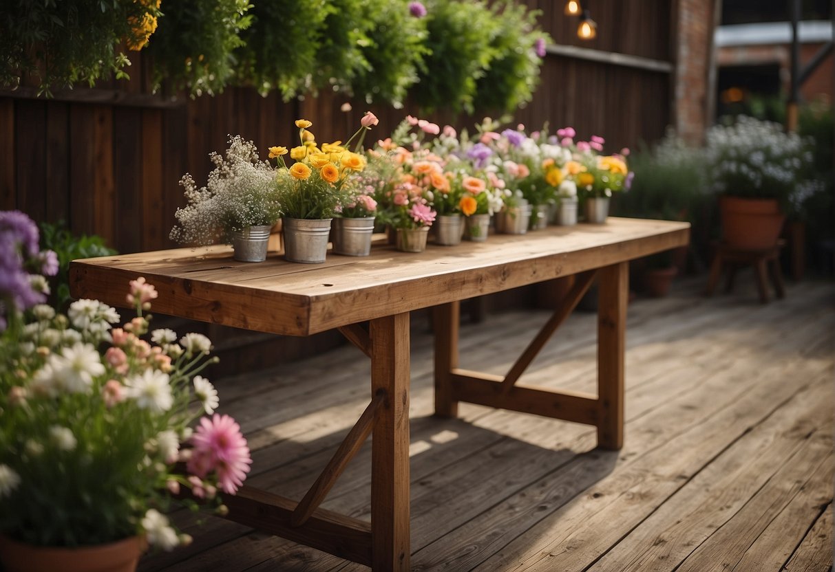 A rustic wooden table adorned with locally sourced flowers and potted plants. Eco-friendly decorations include recycled paper banners and biodegradable confetti