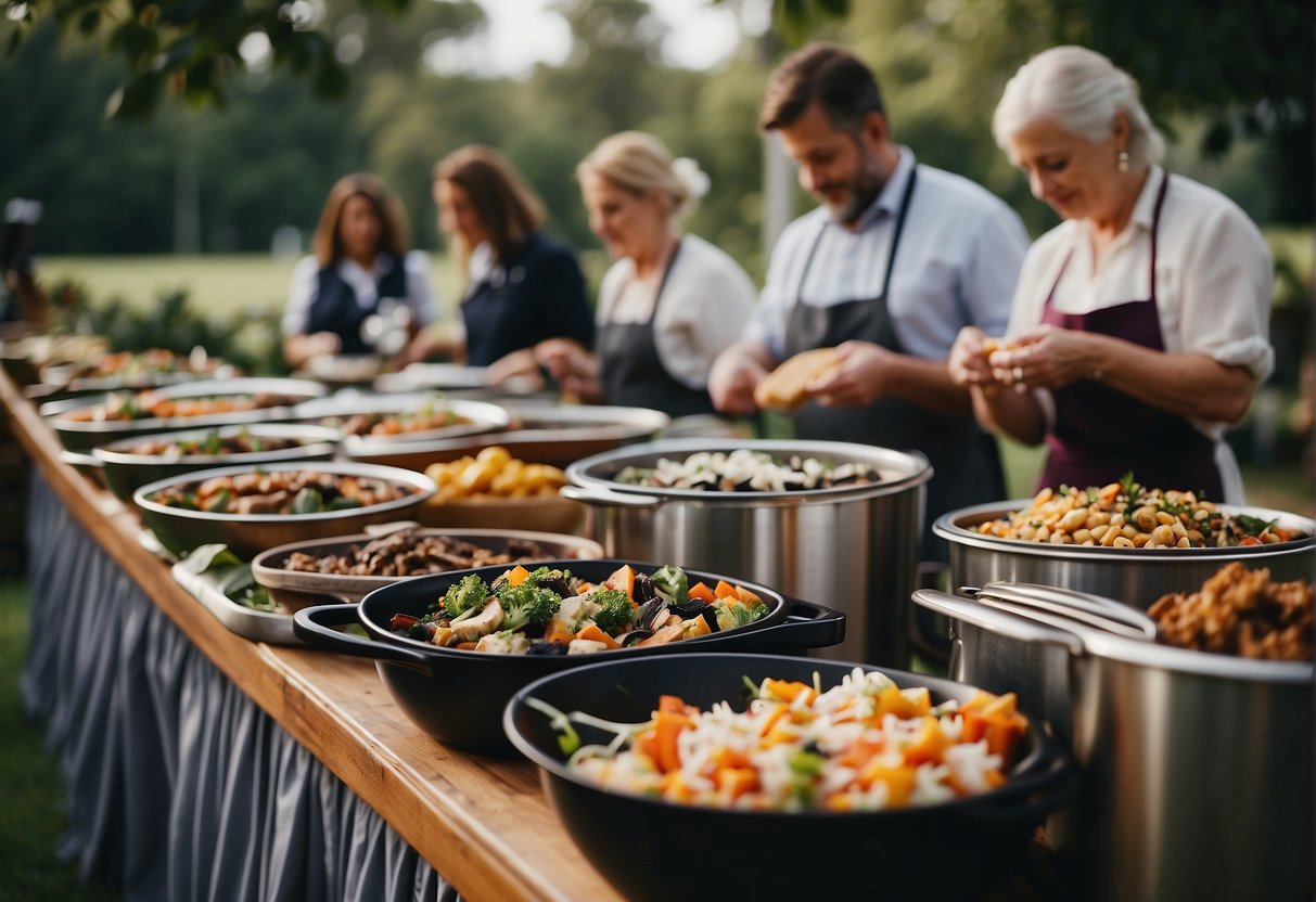 A wedding reception with sustainable catering, compost bins, and reusable tableware. Guests are seen disposing of food waste in designated bins