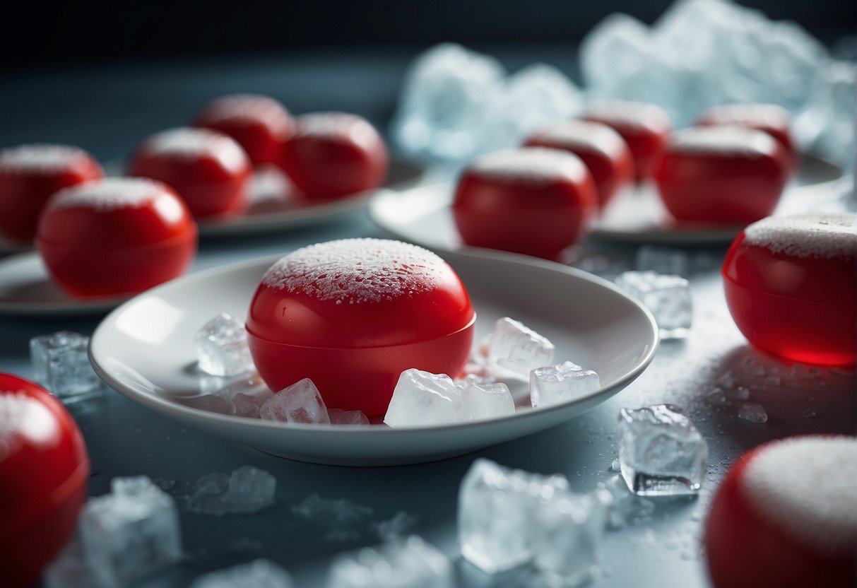 A Babybel cheese sitting on a plate, surrounded by ice cubes in a freezer